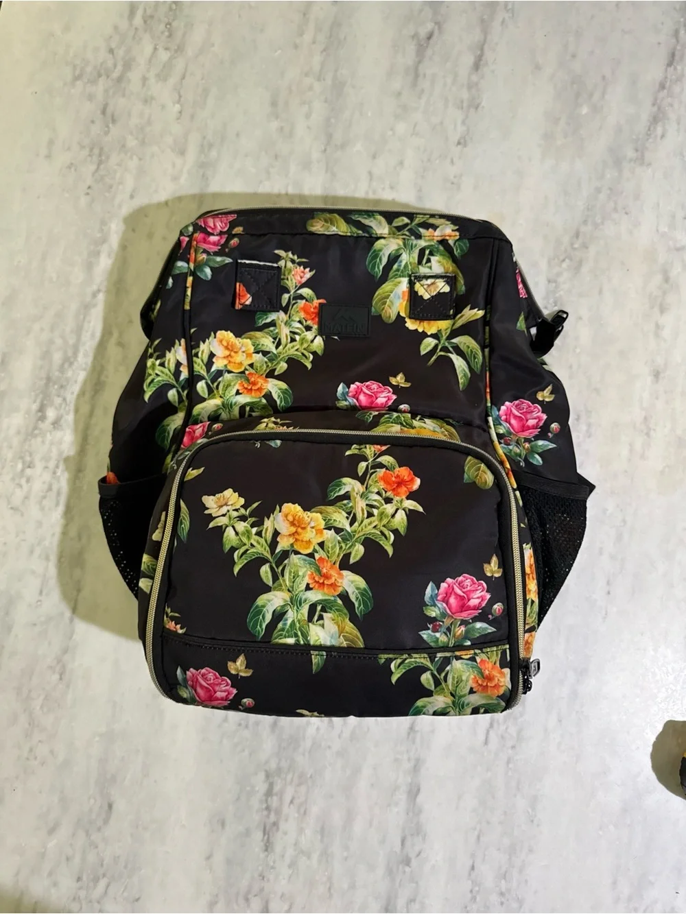Matein Floral Print Black School Work Medium Size Backpack with Lunch Pocket